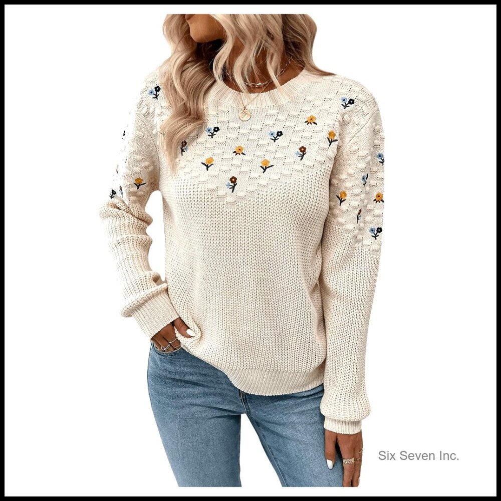 Floral Embroidered Crochet Sweater Lightweight Knit Pullover Long Sleeve